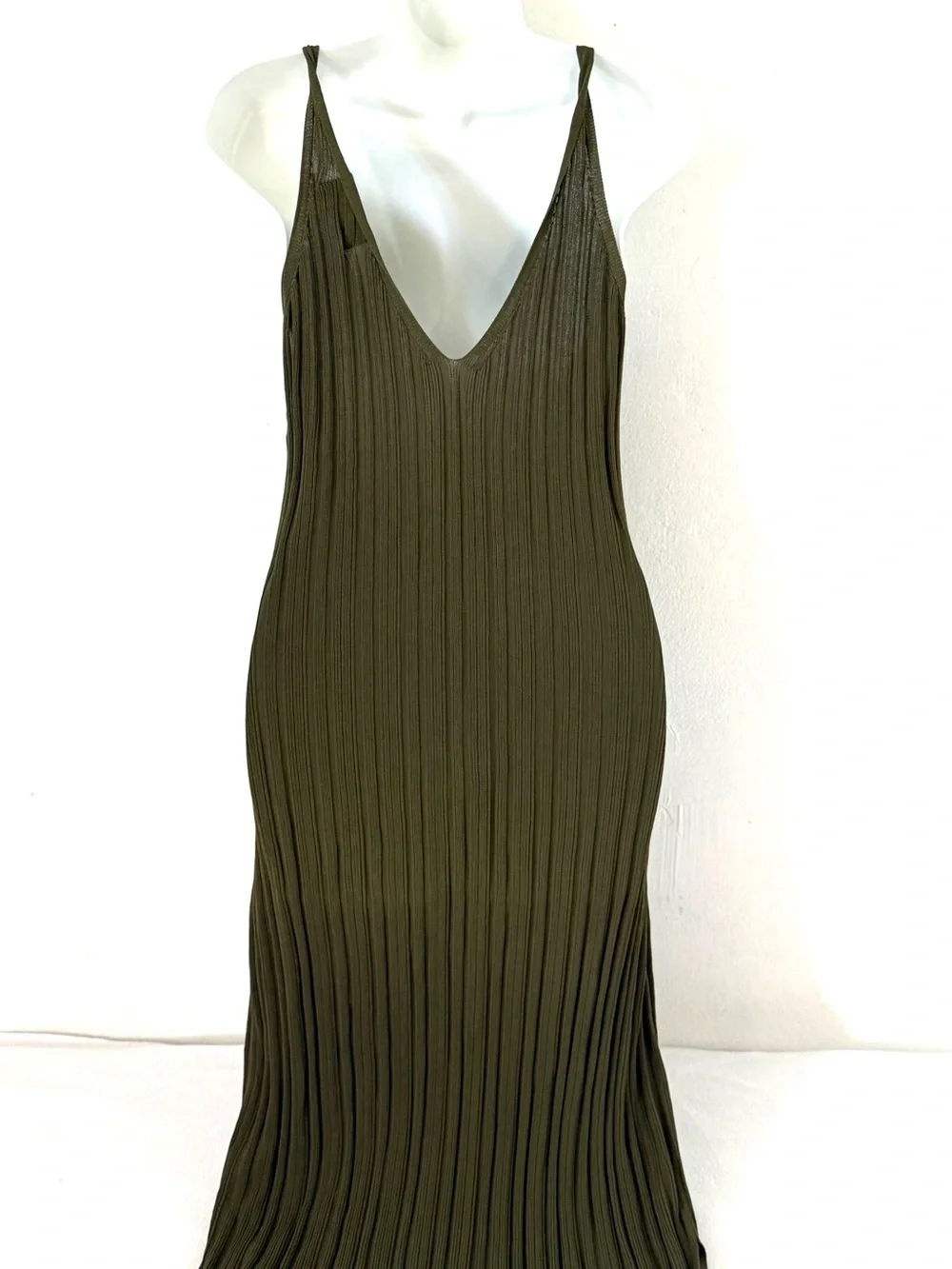 Modern Citizen Olive Green Ribbed Knit V-Neck Maxi Slip Dress